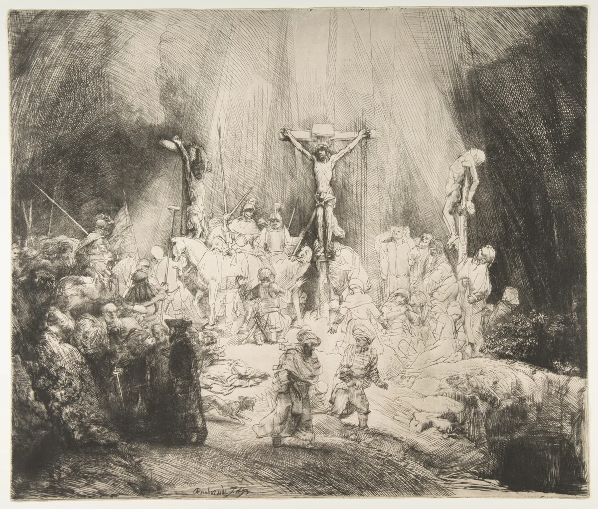 Christ Crucified between the Two Thieves: The Three Crosses by Rembrandt van Rijn, print, 1653