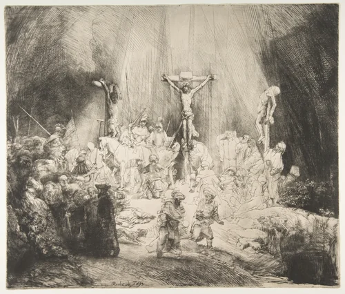 Christ Crucified between the Two Thieves: The Three Crosses by Rembrandt van Rijn, print, 1653