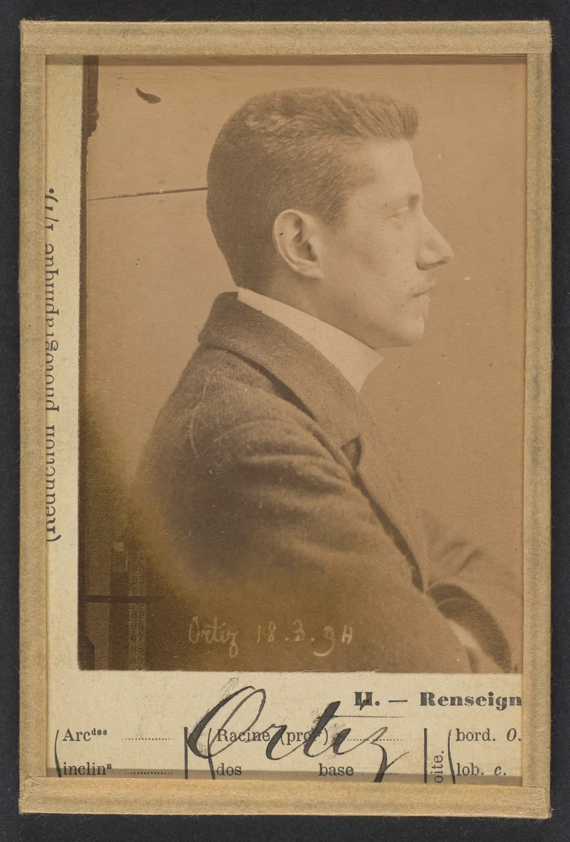 Ortiz. Léon. 25 ans, né à Paris. Commis d'architecte. Anarchiste. Voyage ordinairement en bicyclette. by Alphonse Bertillon, photograph, 1894