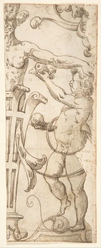 Fragment of a Grotesque Decoration with a Term and Putto by Andrés de Melgar, drawing, 1540-1550