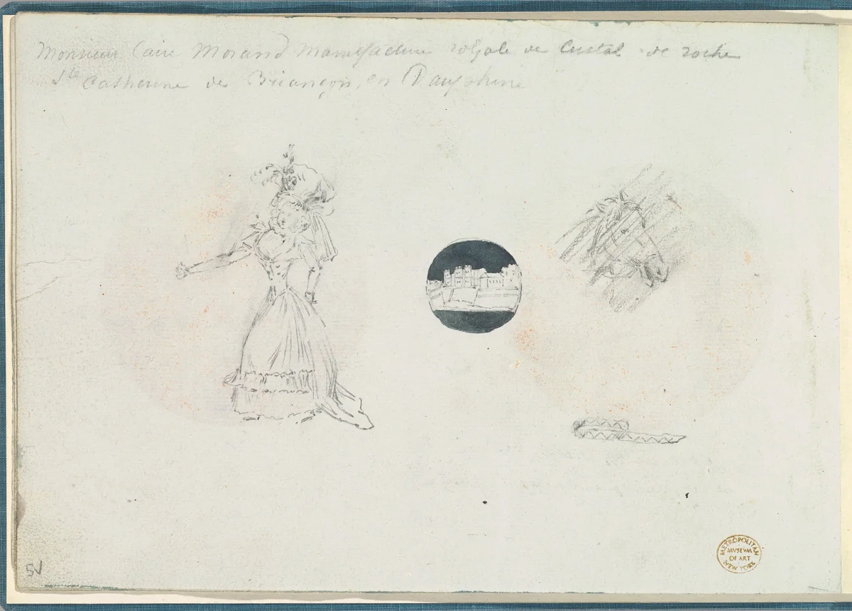 Sketches of a Woman in a Corseted Gown, a Castle, and a Horse's Head by anonymous, other, 1785-1790