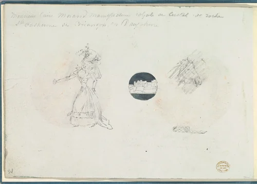Sketches of a Woman in a Corseted Gown, a Castle, and a Horse's Head by anonymous, other, 1785-1790