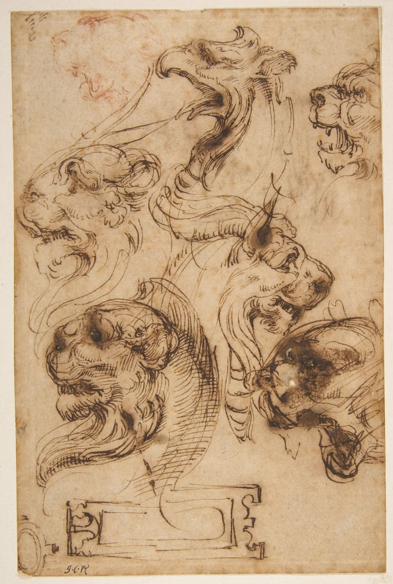 Six Studies of Animal Heads and of a Cartouche by Pellegrino Tibaldi, drawing, 1527-1596