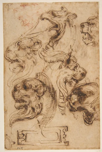 Six Studies of Animal Heads and of a Cartouche by Pellegrino Tibaldi, drawing, 1527-1596