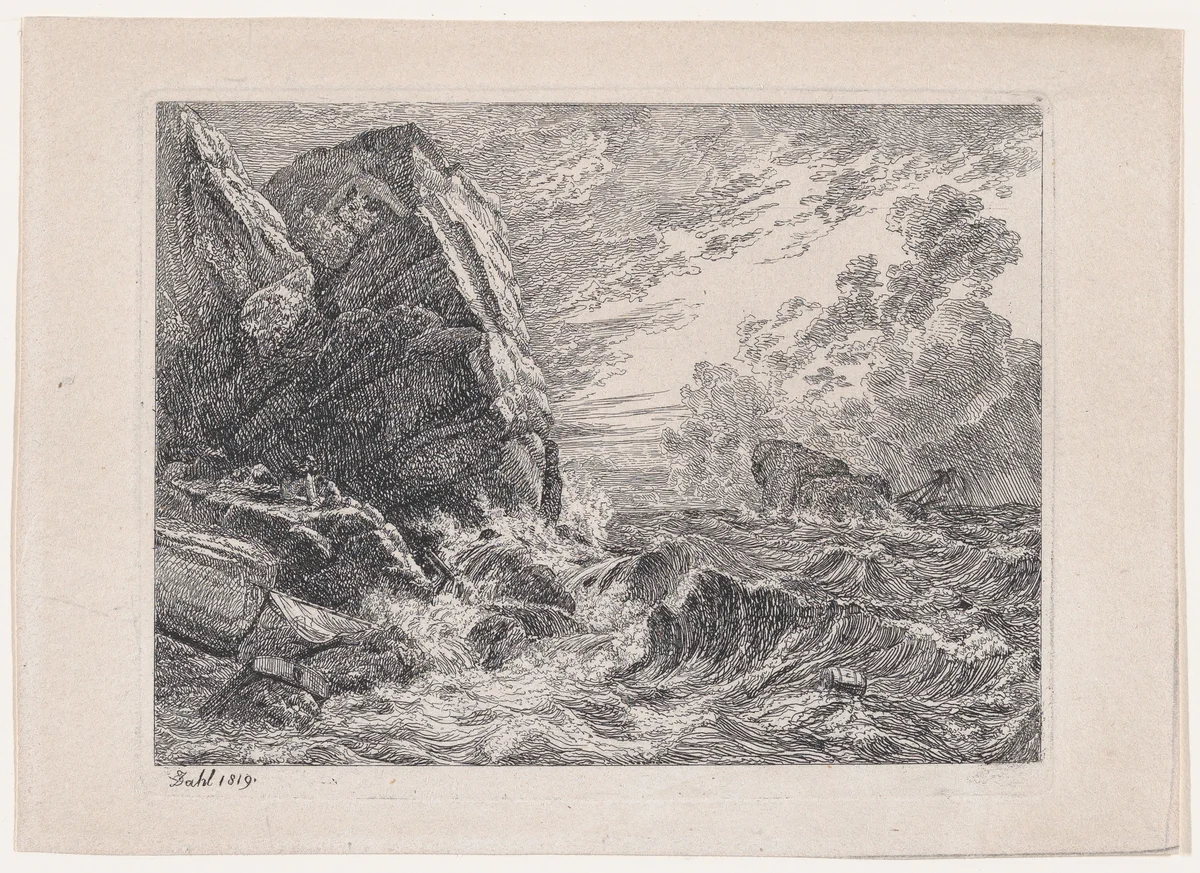 Shipwreck on a Rocky Shore by Johan Christian Dahl, print, 1819