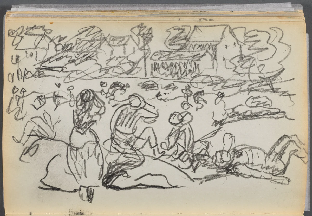Sketchbook- The Granite Shore Hotel, Rockport, page 166: Figures on a Beach by Maurice Prendergast, book, 1905-1910