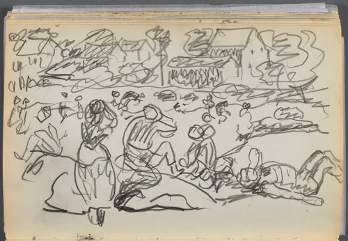 Sketchbook- The Granite Shore Hotel, Rockport, page 166: Figures on a Beach by Maurice Prendergast, book, 1905-1910