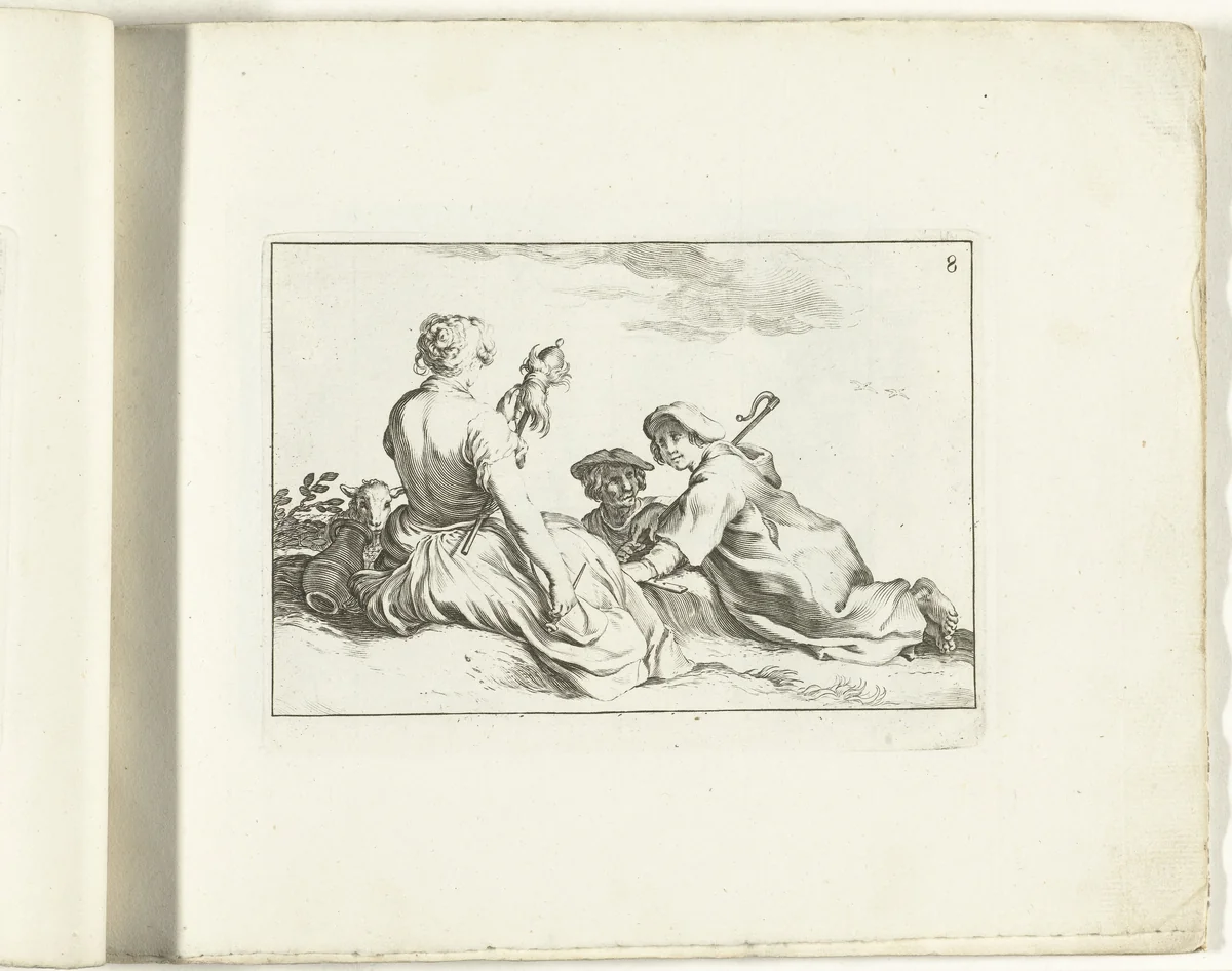 Spinster met twee herdersjongen by Cornelis Bloemaert, print, 1700-1800