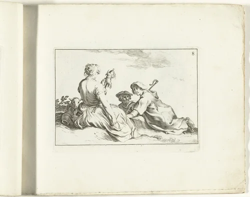 Spinster met twee herdersjongen by Cornelis Bloemaert, print, 1700-1800