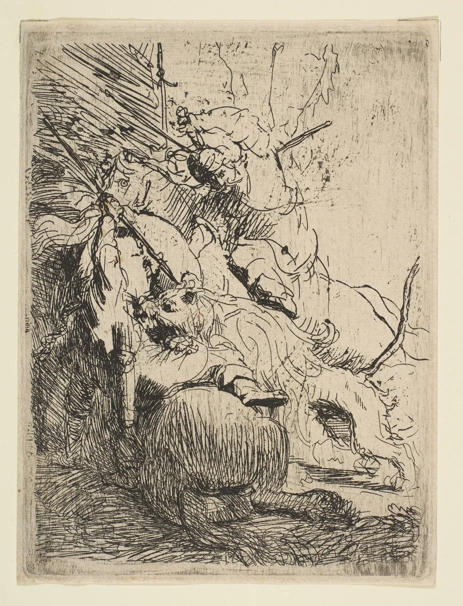 The Small Lion Hunt (with One Lion) by Rembrandt van Rijn, print, 1624-1634