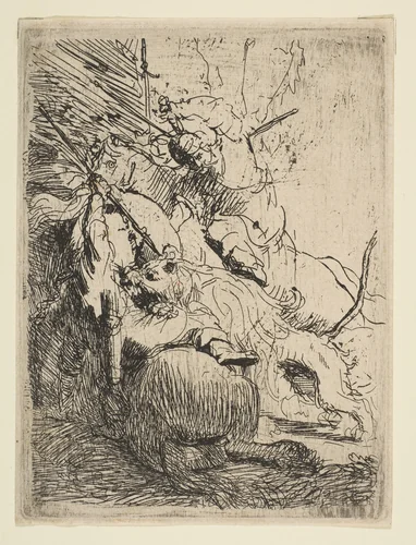 The Small Lion Hunt (with One Lion) by Rembrandt van Rijn, print, 1624-1634
