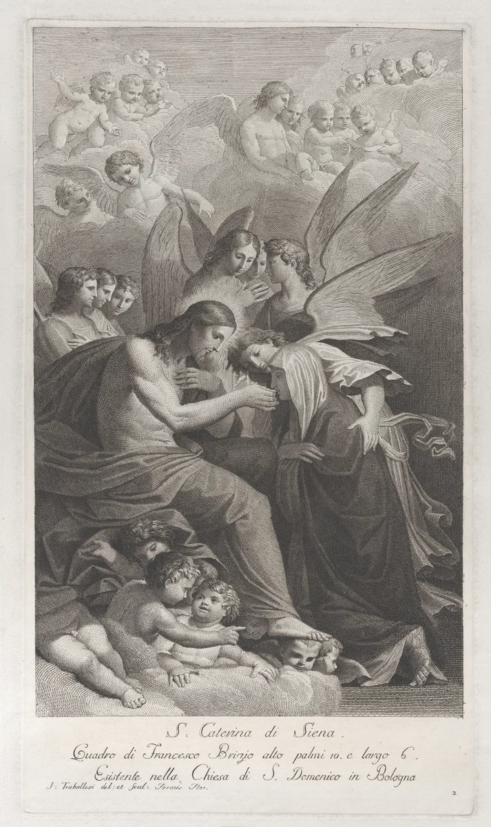 Christ giving the Sacred Host to the kneeling Saint Catherine of Siena, surrounded by various angels by Giuliano Traballesi, print, 1750-1812