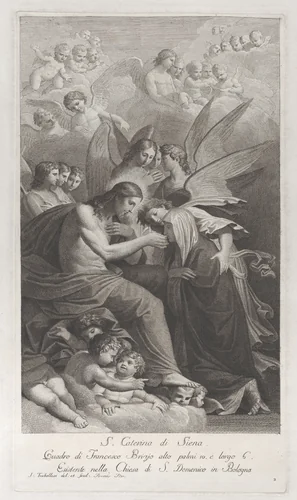 Christ giving the Sacred Host to the kneeling Saint Catherine of Siena, surrounded by various angels by Giuliano Traballesi, print, 1750-1812