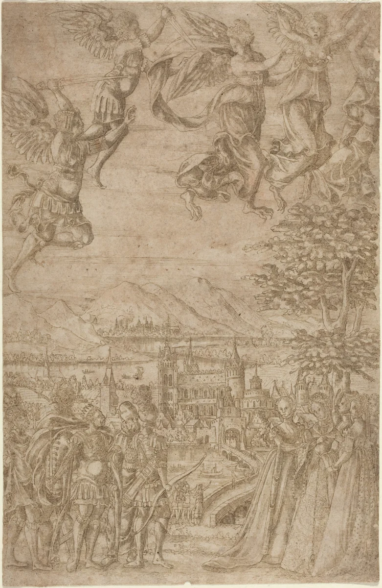 A King and His Retinue Confronting Ladies under a Celestial Battle by French 17th Century, drawing, 1600