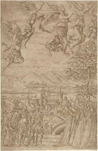 A King and His Retinue Confronting Ladies under a Celestial Battle by French 17th Century, drawing, 1600