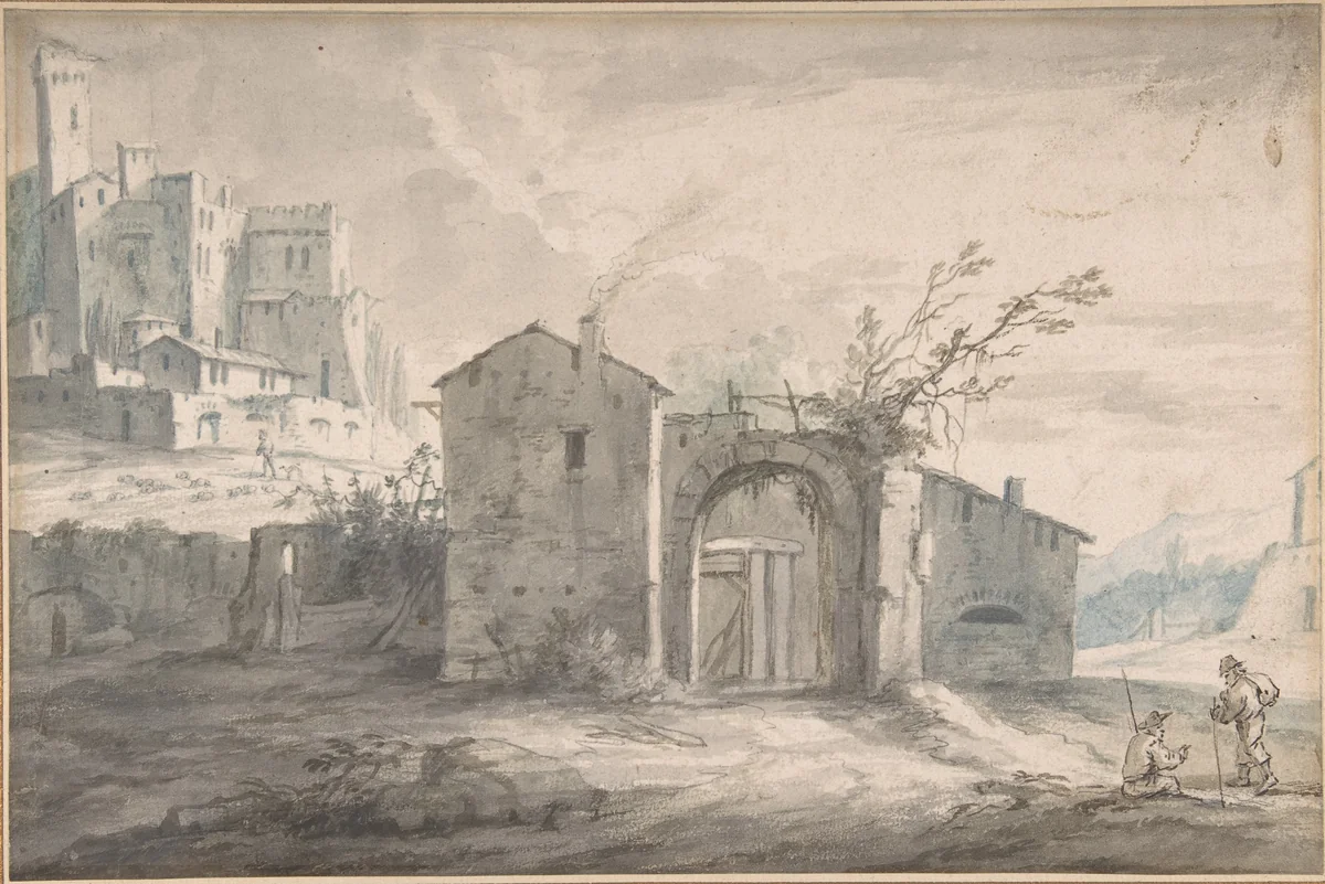 A landscape with a farm house and two figures, a fortified village seen beyond by Adriaen Fransz Boudewijns, drawing, 1664-1711