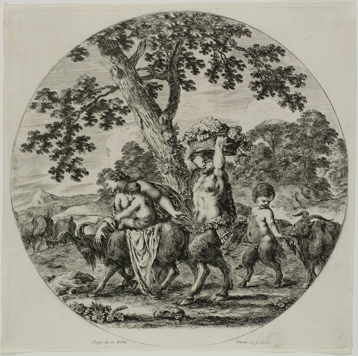 Satyr Family Walking by Stefano della Bella, print, 1657