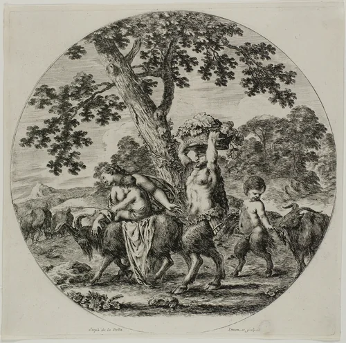 Satyr Family Walking by Stefano della Bella, print, 1657