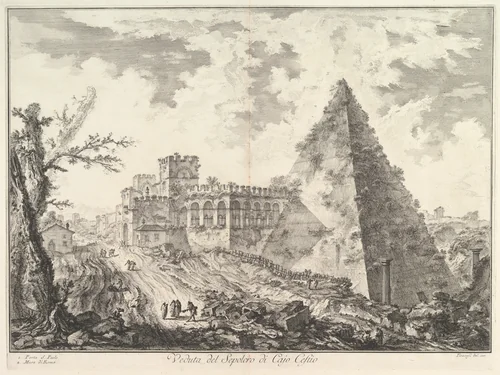 The Pyramid of Caius Cestius, with the Porta S. Paolo and adjoining road (Veduta del Sepolcro di Cajo Cestio), from "Vedute di Roma" by Giovanni Battista Piranesi, print, 1750-1760