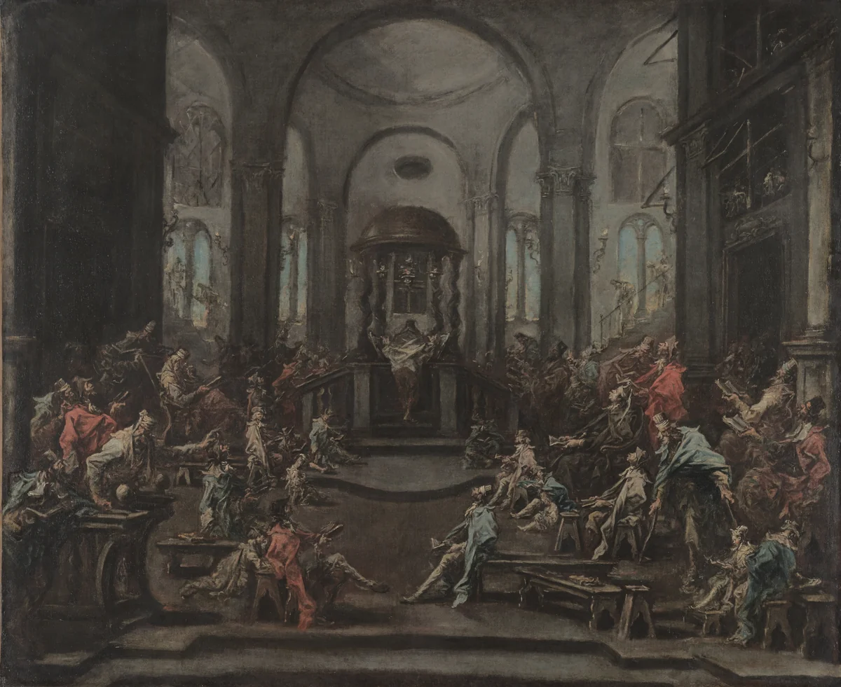 Interior of a Synagogue by Alessandro Magnasco, painting, 1725-1735