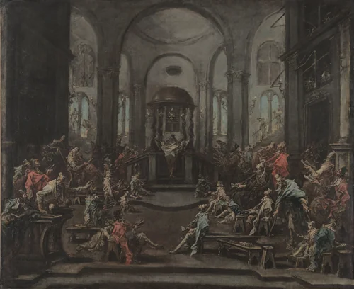 Interior of a Synagogue by Alessandro Magnasco, painting, 1725-1735