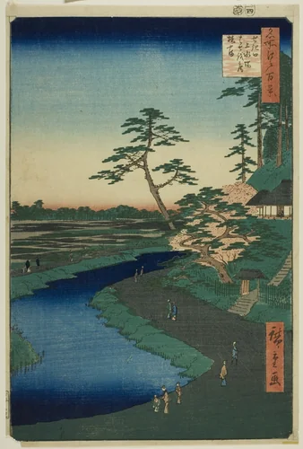 Basho's Hut on Camellia Hill Beside the Aquaduct at Sekiguchi, from the series "One Hundred Famous Views of Edo (Meisho Edo hyakkei)" by Utagawa Hiroshige (歌川広重), print, 1857