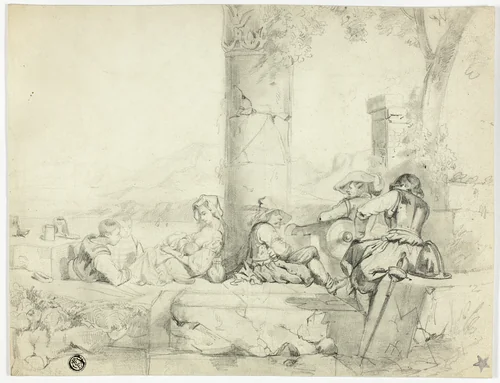 Children, Woman with Infant and Three Soldiers Sitting Among Ruins by Lake by George Cattermole
Penry Williams, drawing, 1820-1885