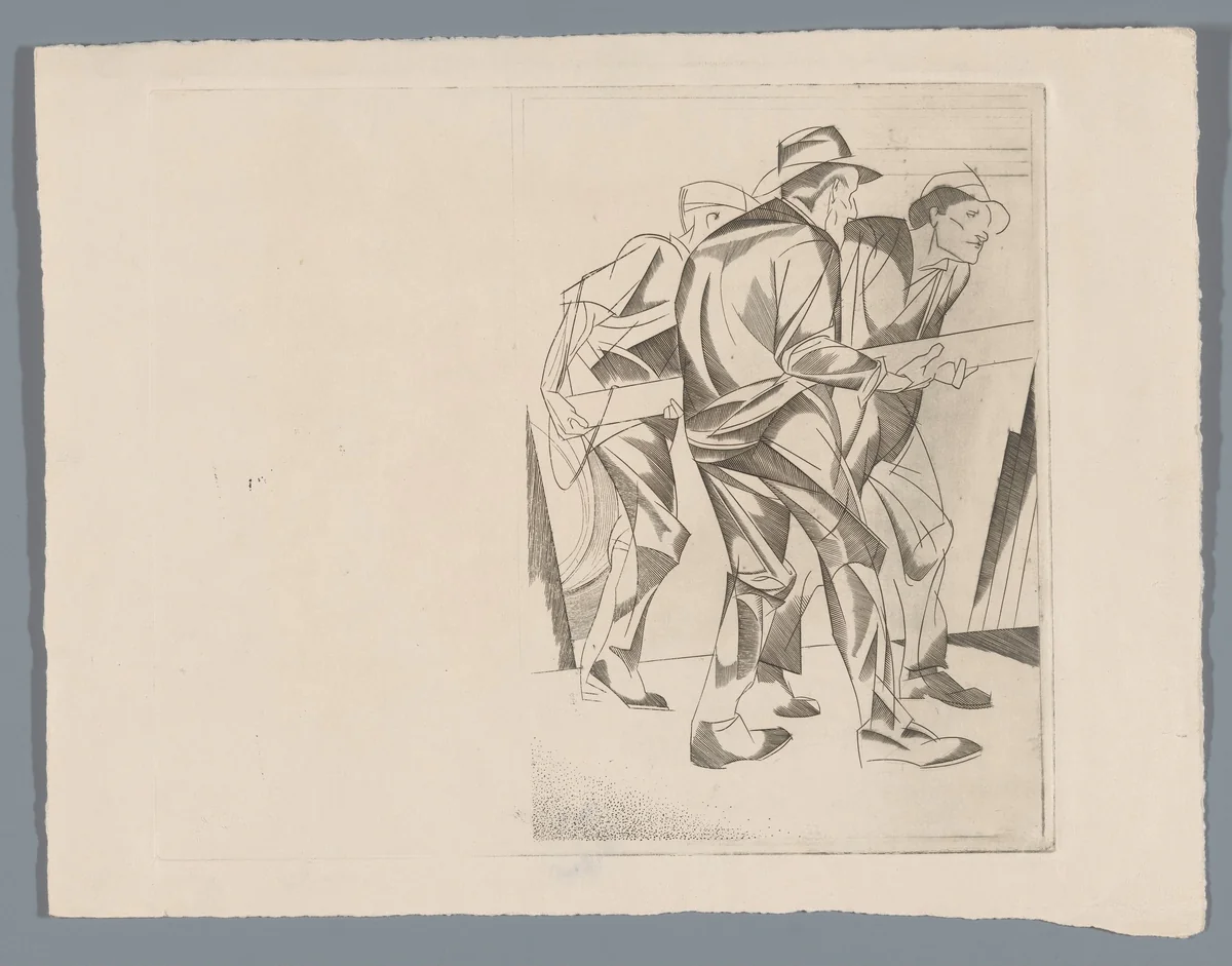 Drie arbeiders dragen een balk by Johannes Josephus Aarts, print, 1881-1934