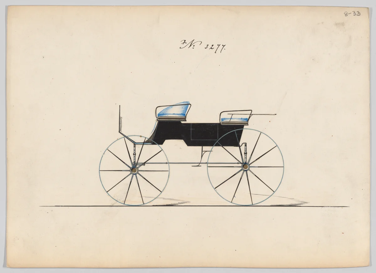 Design for 4 seat Phaeton, no top, no. 3277 by Brewster & Co., drawing, 1876