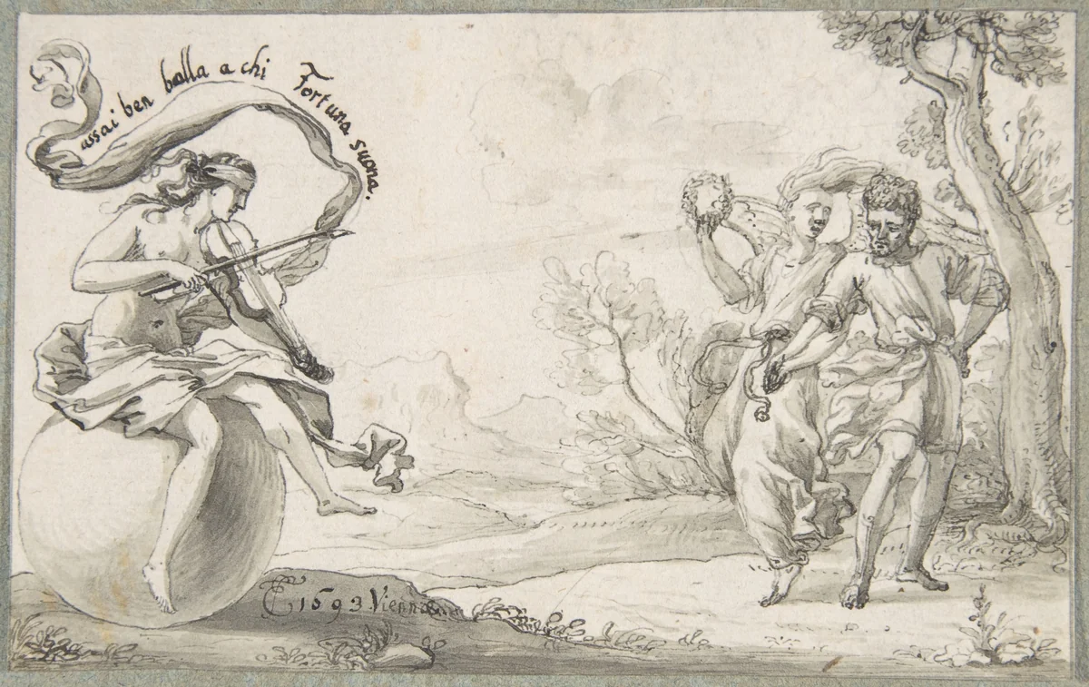 A Dancing Pair Accompanied by a Blindfolded Fortune by Monogrammist EF, drawing, 1693