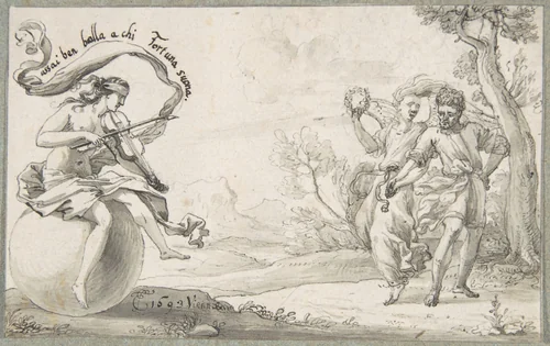 A Dancing Pair Accompanied by a Blindfolded Fortune by Monogrammist EF, drawing, 1693