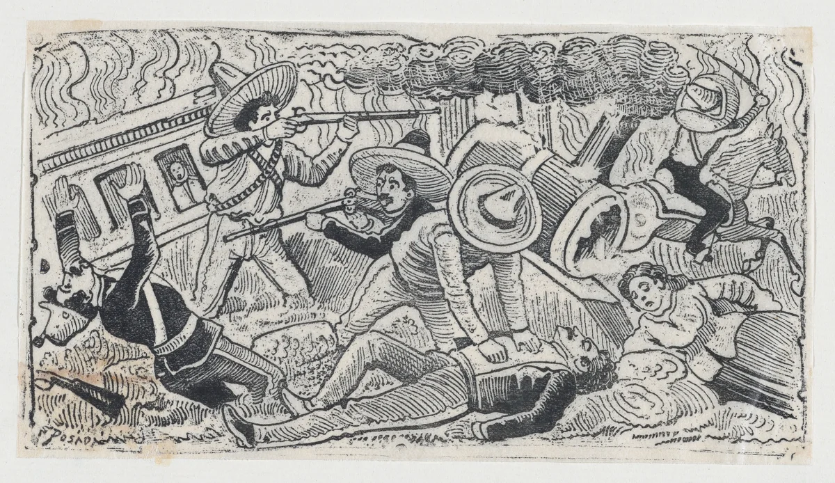Emiliano Zapata's supporters attacking a train, scene from the Mexican Revolution by José Guadalupe Posada, print, 1906-1916