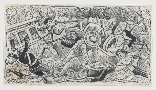 Emiliano Zapata's supporters attacking a train, scene from the Mexican Revolution by José Guadalupe Posada, print, 1906-1916