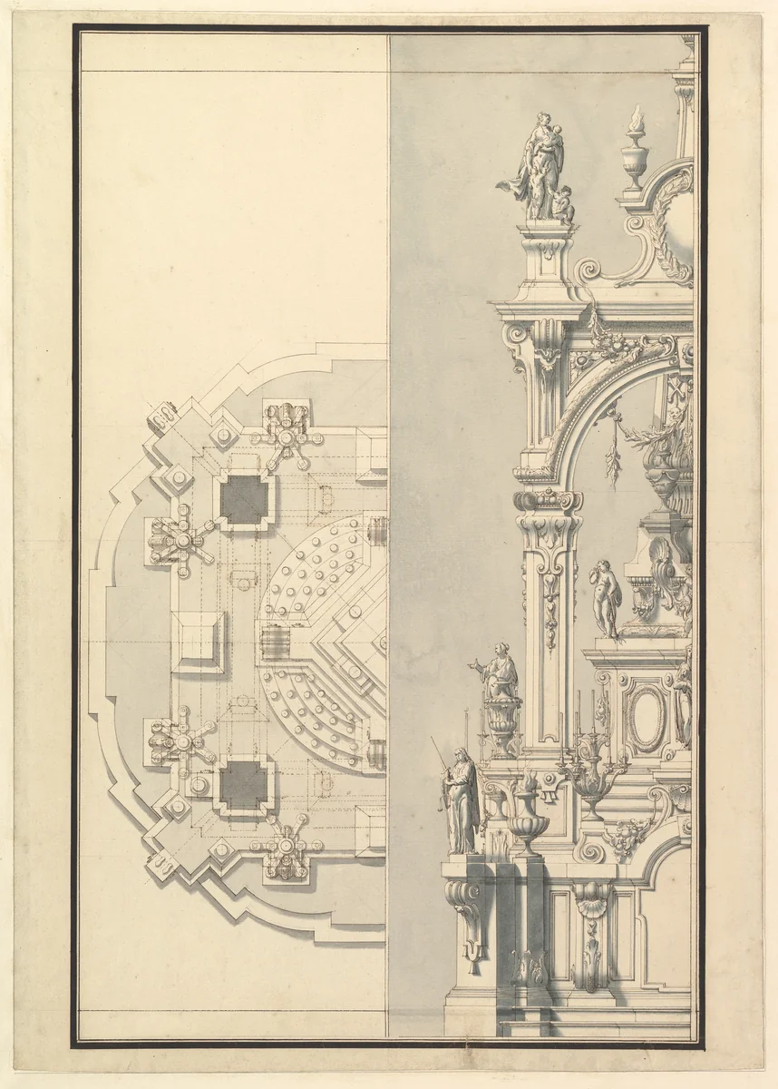 Half Plan and Half Elevation for a Catafalque for an Electress Palatine by Giuseppe Galli Bibiena, drawing, 1696-1756