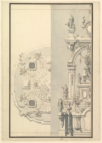 Half Plan and Half Elevation for a Catafalque for an Electress Palatine by Giuseppe Galli Bibiena, drawing, 1696-1756