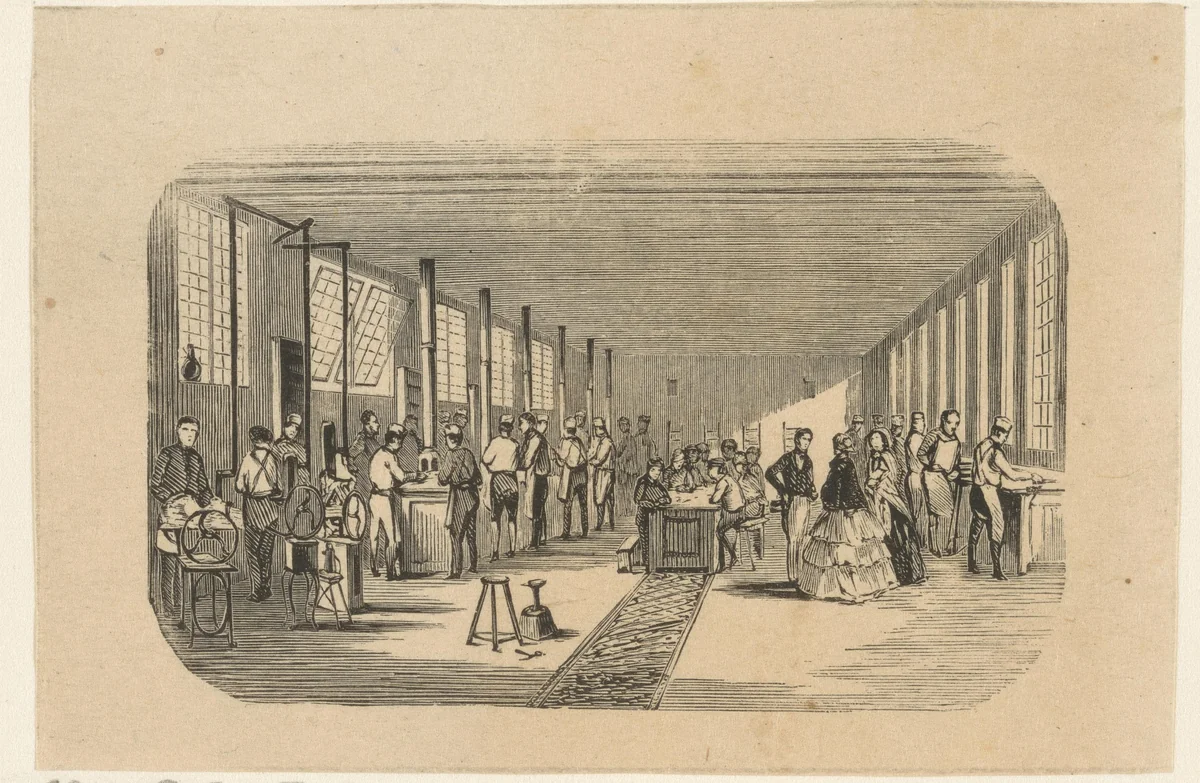 Interieur van een werkplaats met tientallen mannen aan het werk by Isaac Weissenbruch, print, 1836-1912