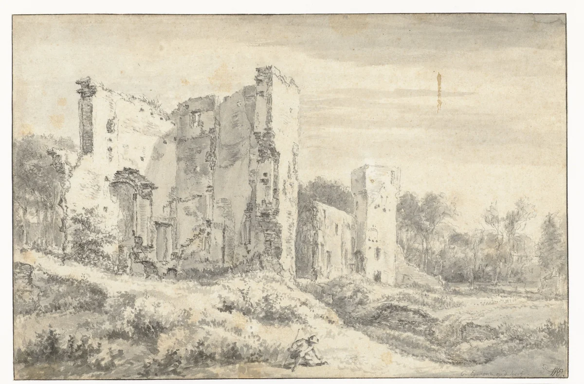 View of the Ruins of Egmond Castle by Jacob Isaacksz van Ruisdael, drawing, 1655