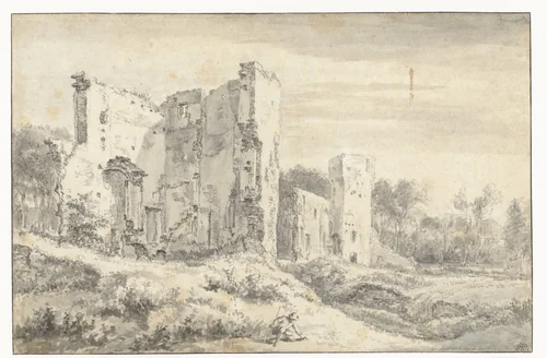 View of the Ruins of Egmond Castle by Jacob Isaacksz van Ruisdael, drawing, 1655