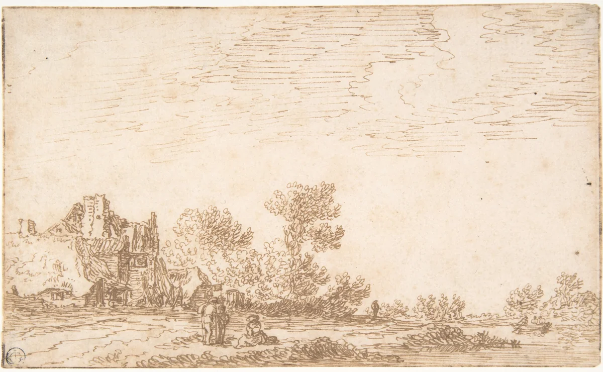 Landscape with River and Three Figures by Jan van Goyen, drawing, 1616-1656