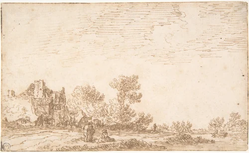 Landscape with River and Three Figures by Jan van Goyen, drawing, 1616-1656