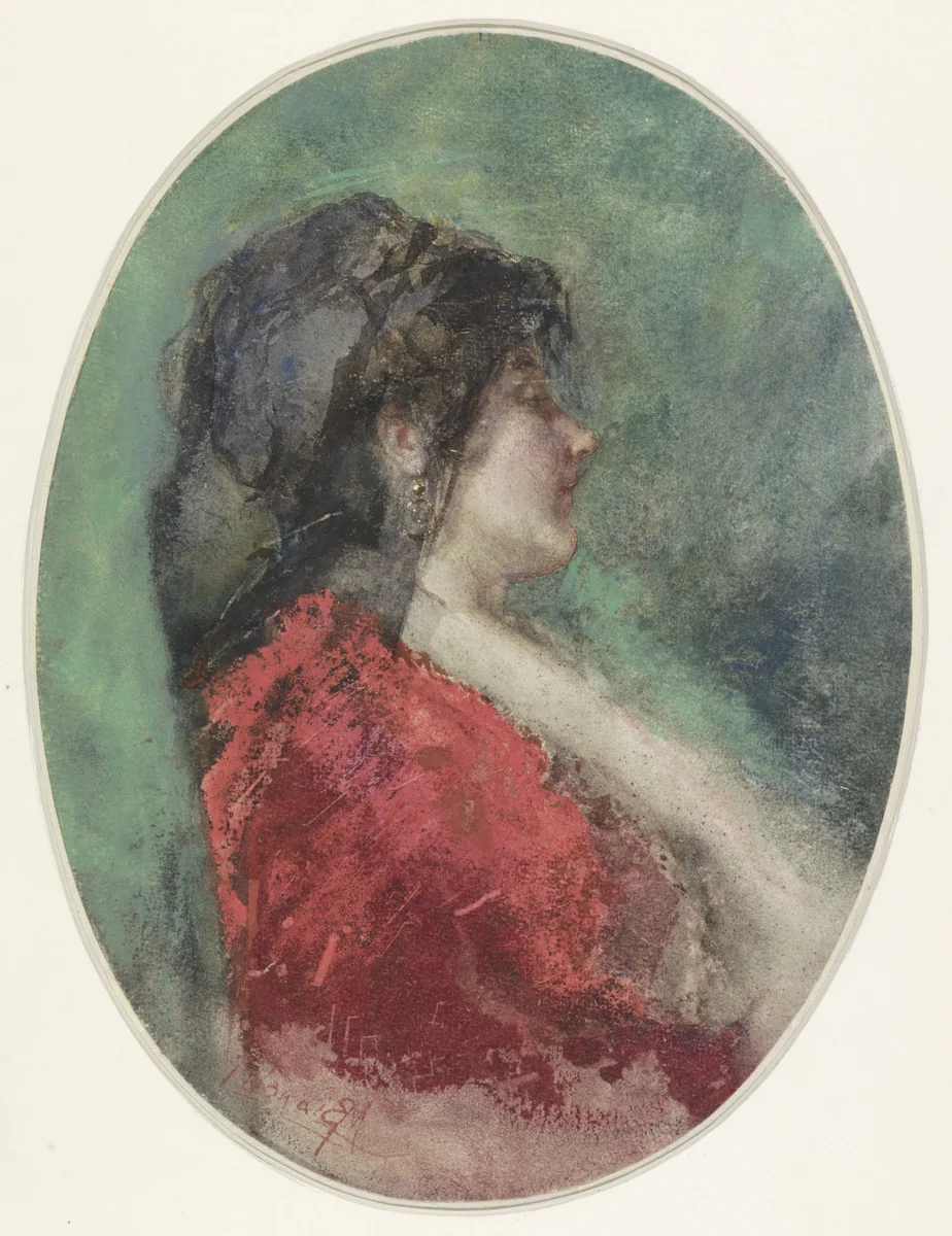 Portret van een jonge vrouw in profiel by Mosè di Giosuè Bianchi, drawing, 1855-1892