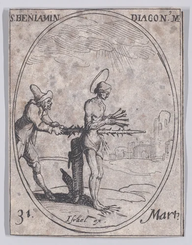 S. Benjamin, diacre (St. Benjamin, Deacon), March 31st, from "Les Images De Tous Les Saincts et Saintes de L'Année" (Images of All of the Saints and Religious Events of the Year) by Jacques Callot, print, 1636
