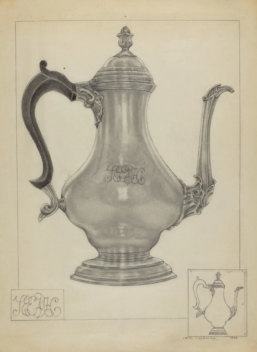 Silver Coffee Pot by Irene Malawicz, index of american design, 1936
