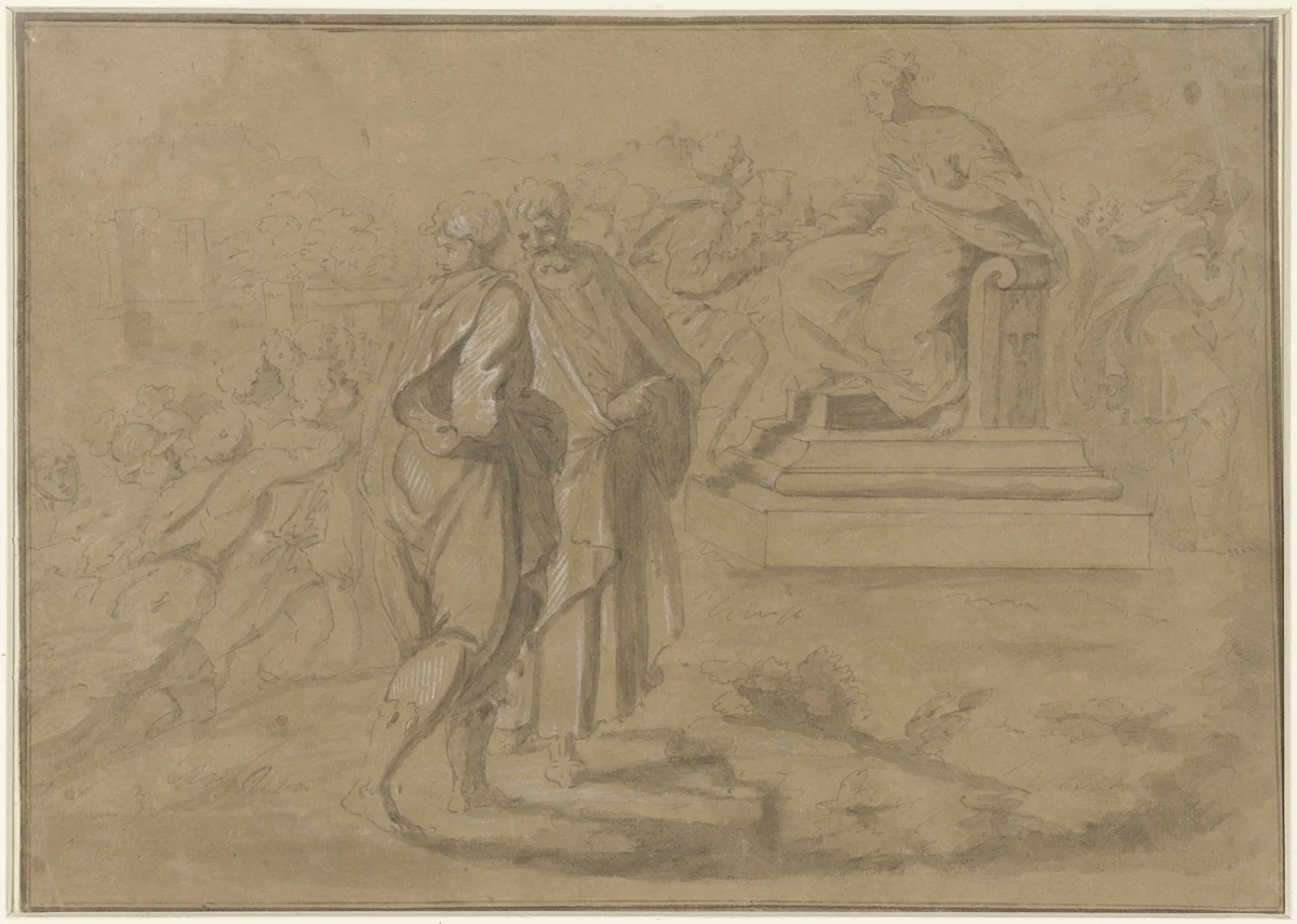 Jongeling geeft een kelk aan een vrouw op een troon by anonymous, drawing, 1600-1699