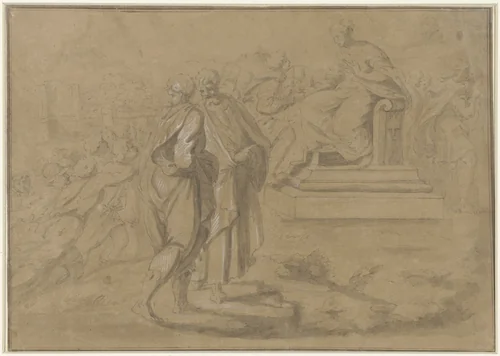 Jongeling geeft een kelk aan een vrouw op een troon by anonymous, drawing, 1600-1699