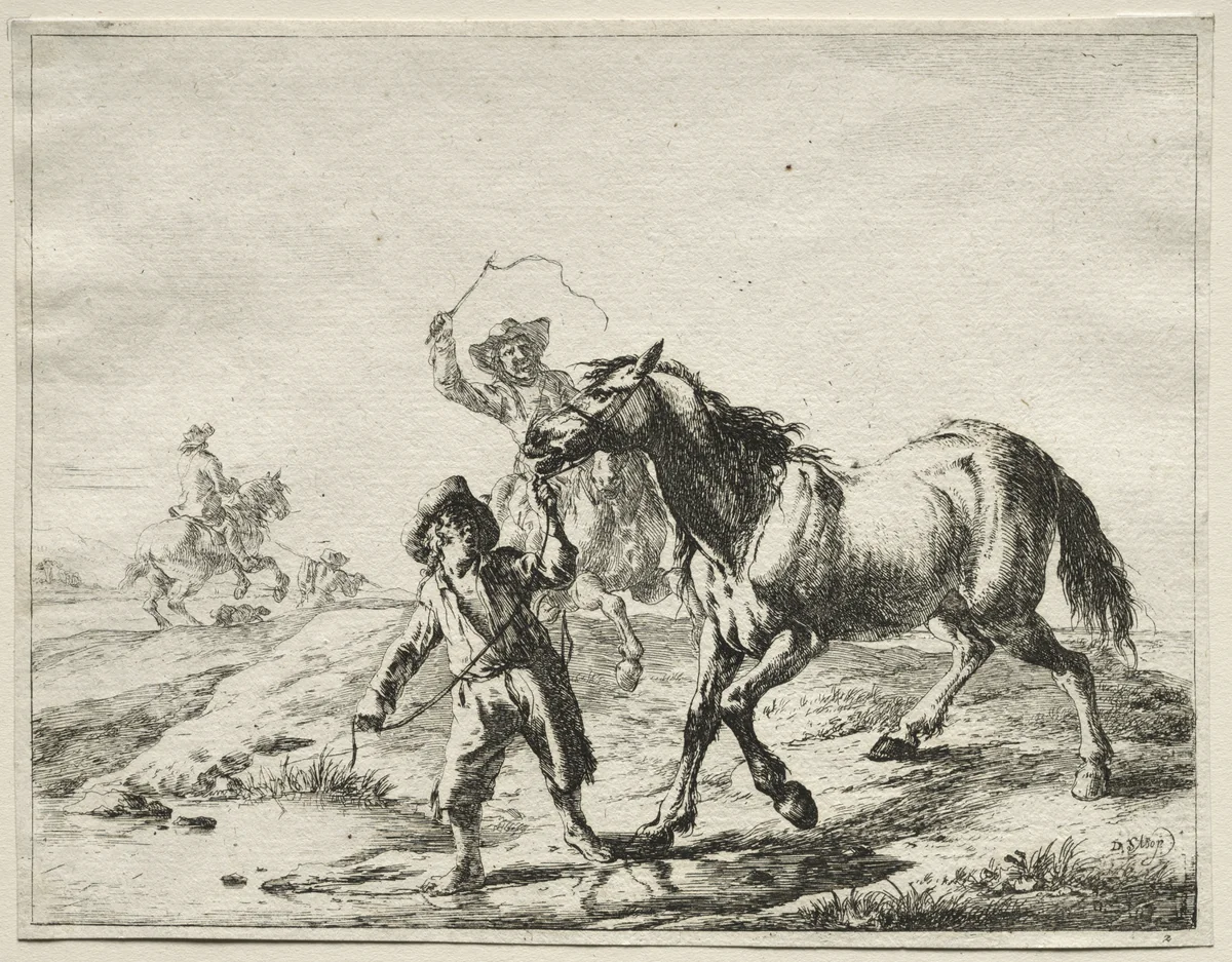 A boy taking a horse to drink by Dirck Stoop, print