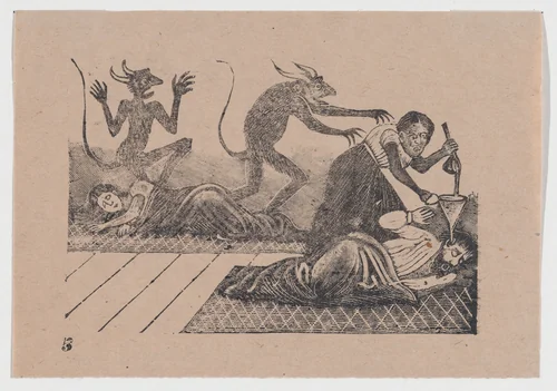 Plate 5: A woman pouring lead into the ear of her sleeping husband by José Guadalupe Posada, print, 1885-1895