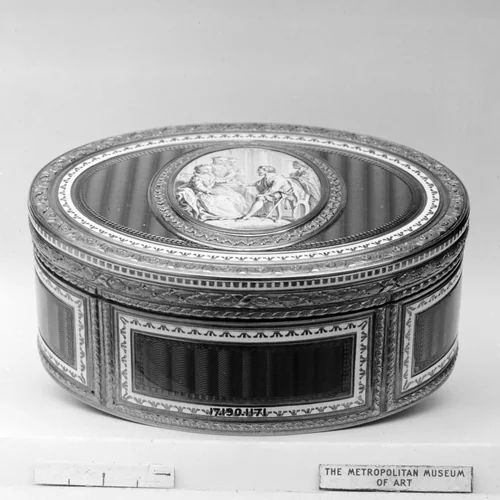 Snuffbox with grisaille miniature of scene from Don Quixote by Joseph Etienne Blerzy, metalwork, 1774-1775