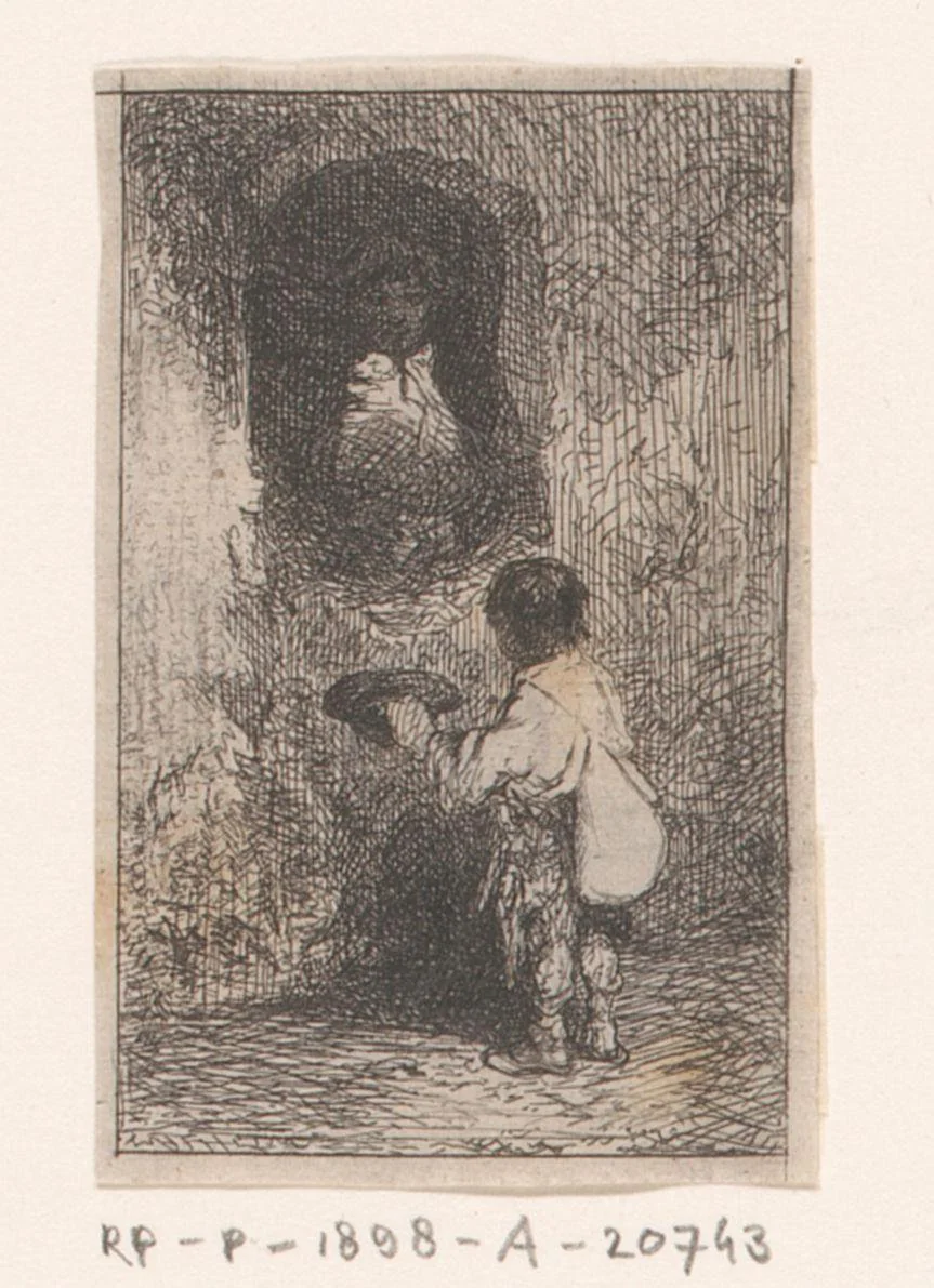 Jonge bedelaar staand voor een man in een venster by Charles Emile Jacque, print, 1844