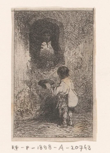 Jonge bedelaar staand voor een man in een venster by Charles Emile Jacque, print, 1844
